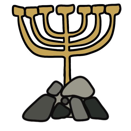  a gold temple menorah above rocks formed into a trapezoidal pile.